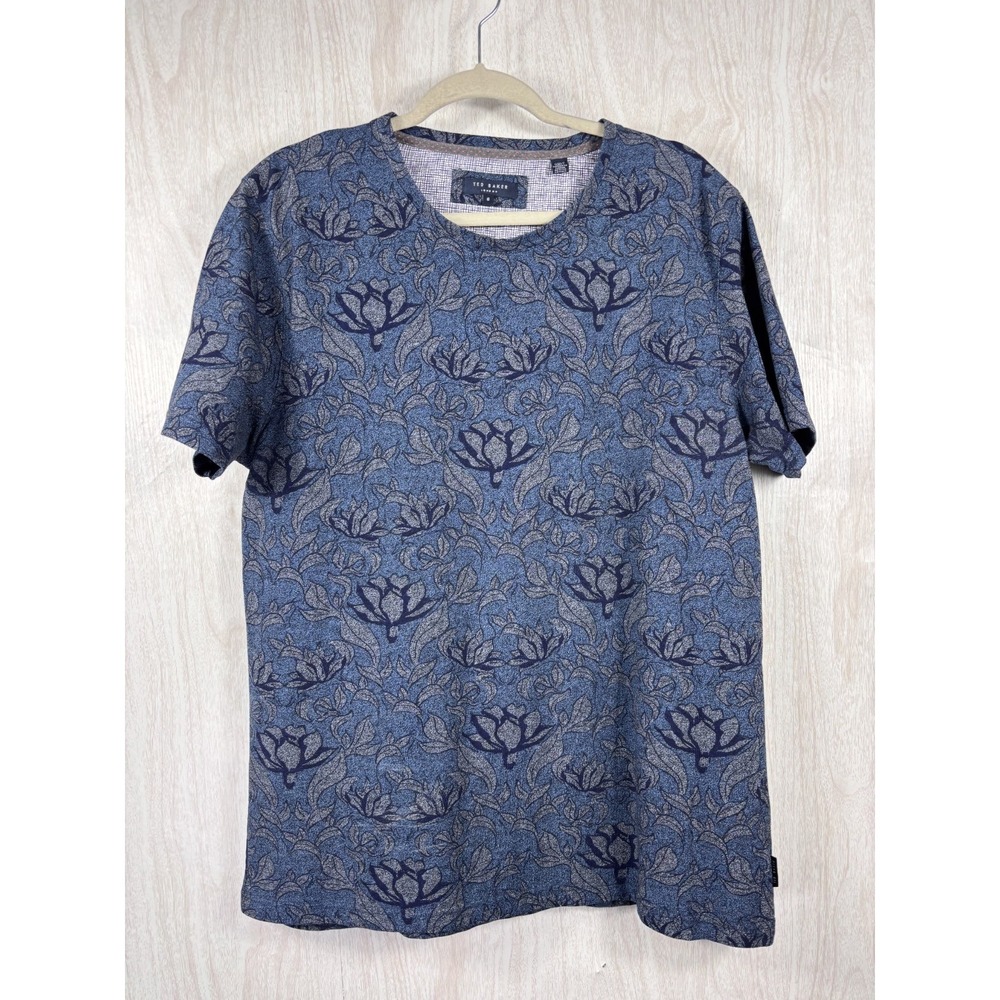 Ted Baker Floral T Shirt Mens 2XL Blue Botanical Print Cotton Designer Casual